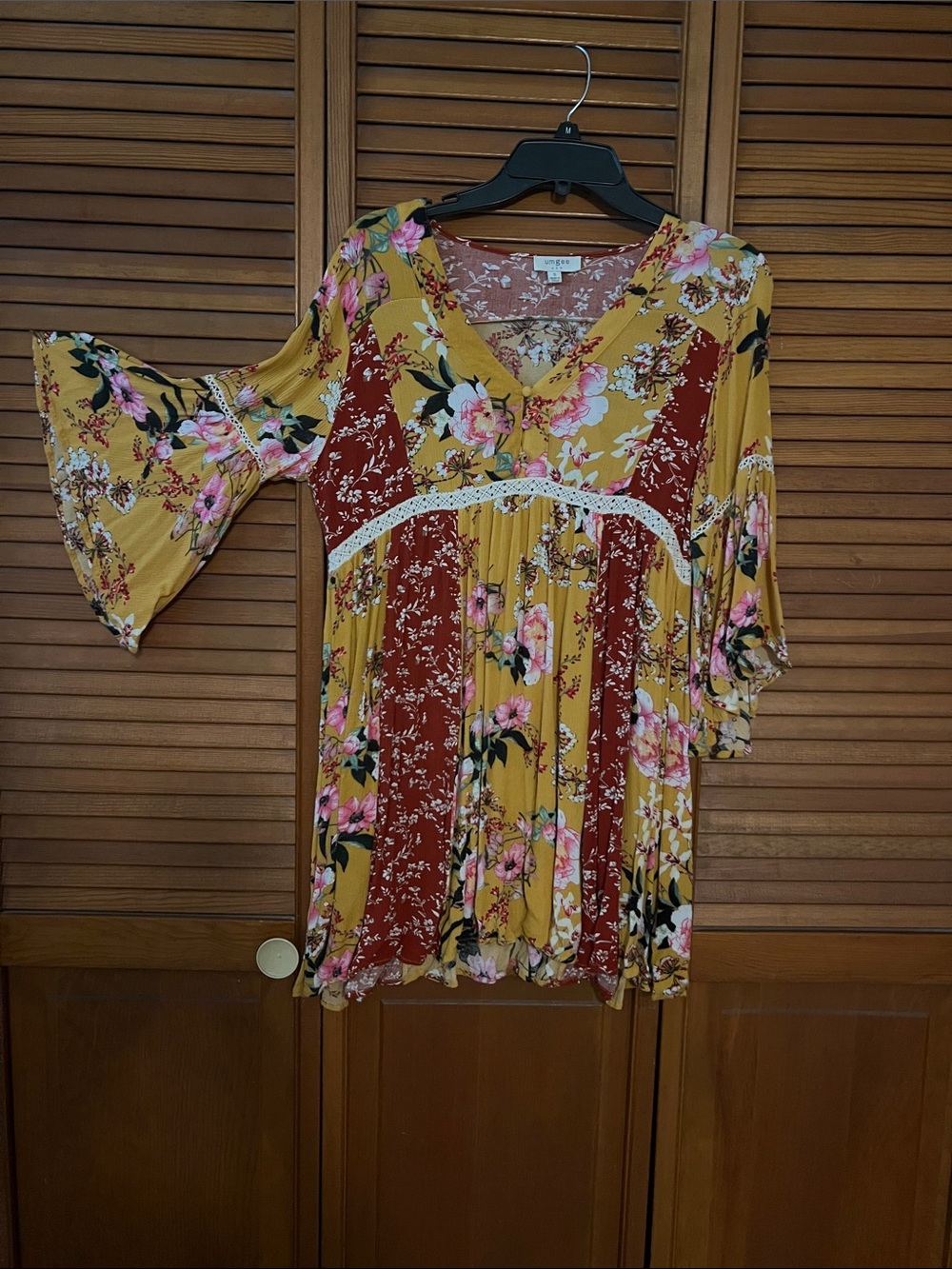 Umgee Mustard and Rust Floral Bell Sleeve Tunic Dress